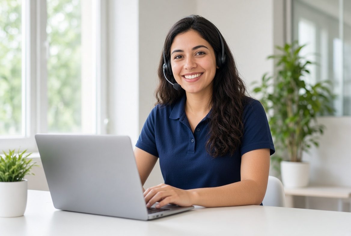 A loan desk agent with a headset at a laptop in a bright office